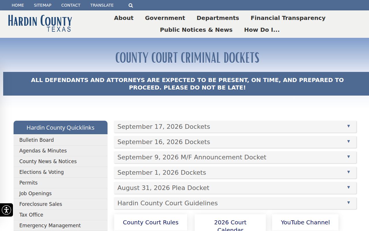 Hardin County warrant records: County Court docket and contact page