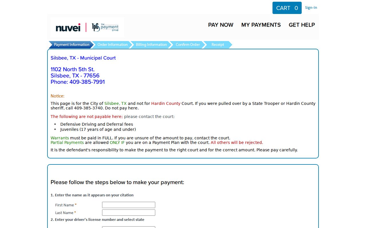 Hardin County traffic warrant records: Silsbee TrafficPayment interface controls