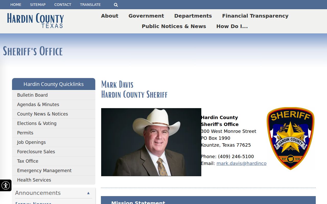 Hardin County warrant records: Sheriff's Office contact and division page